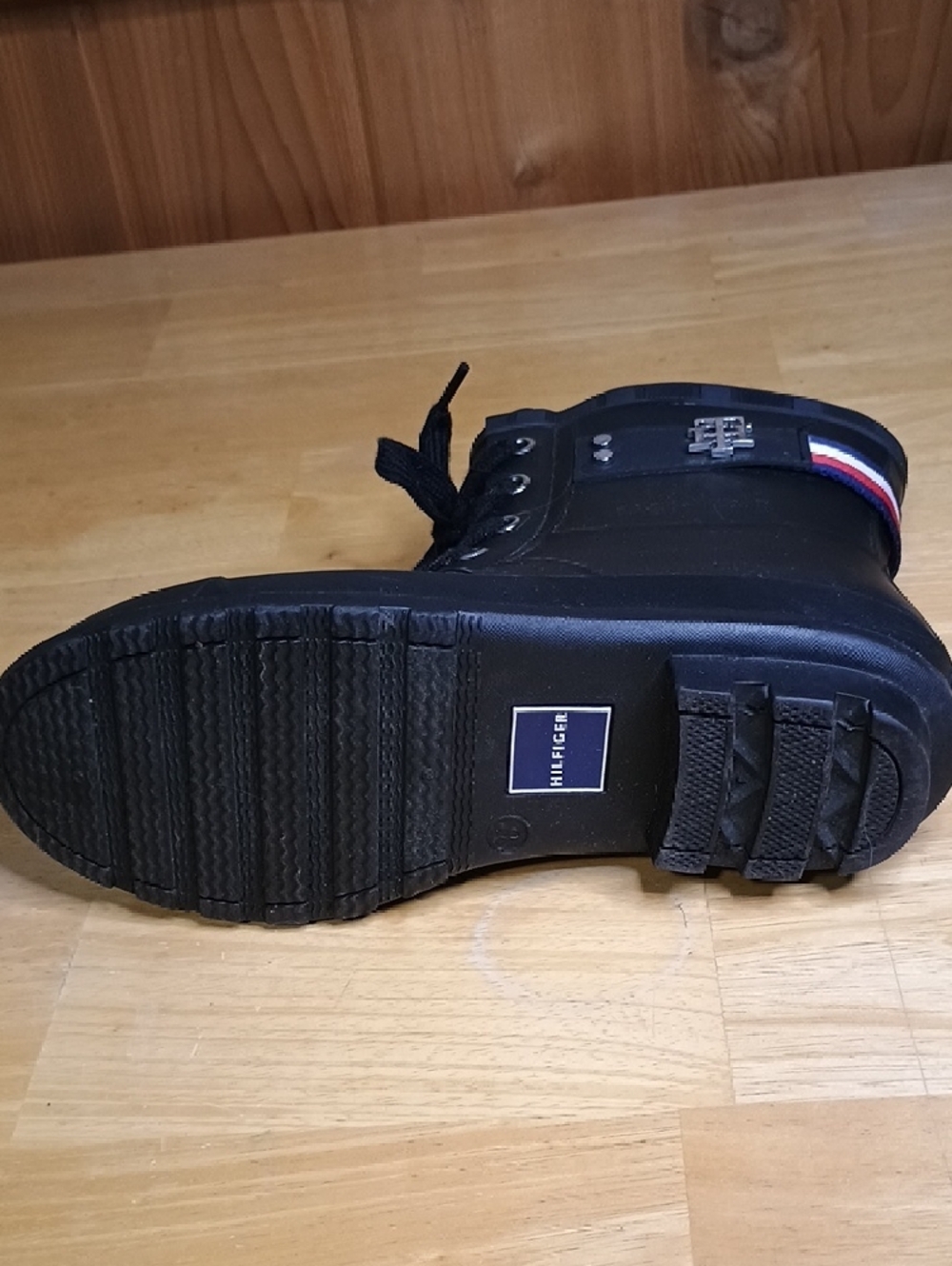 Tommy Hilfiger Black Lace-Up Mid-Calf Rain Boots with Flag Stripe - Picture 7 of 8